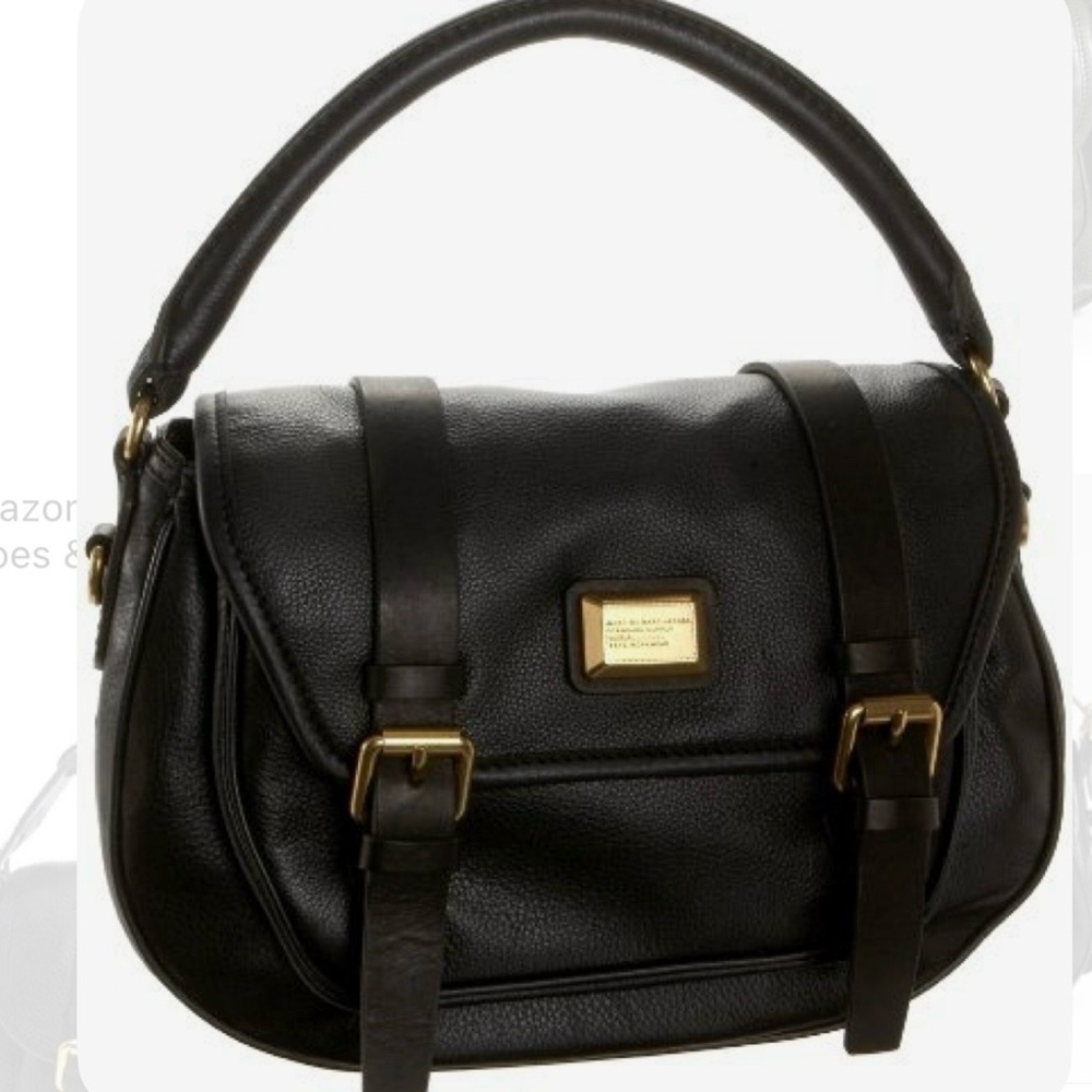 Marc Jacobs Sophie Saddlery Black Leather Satchel Handbag with Gold Accents